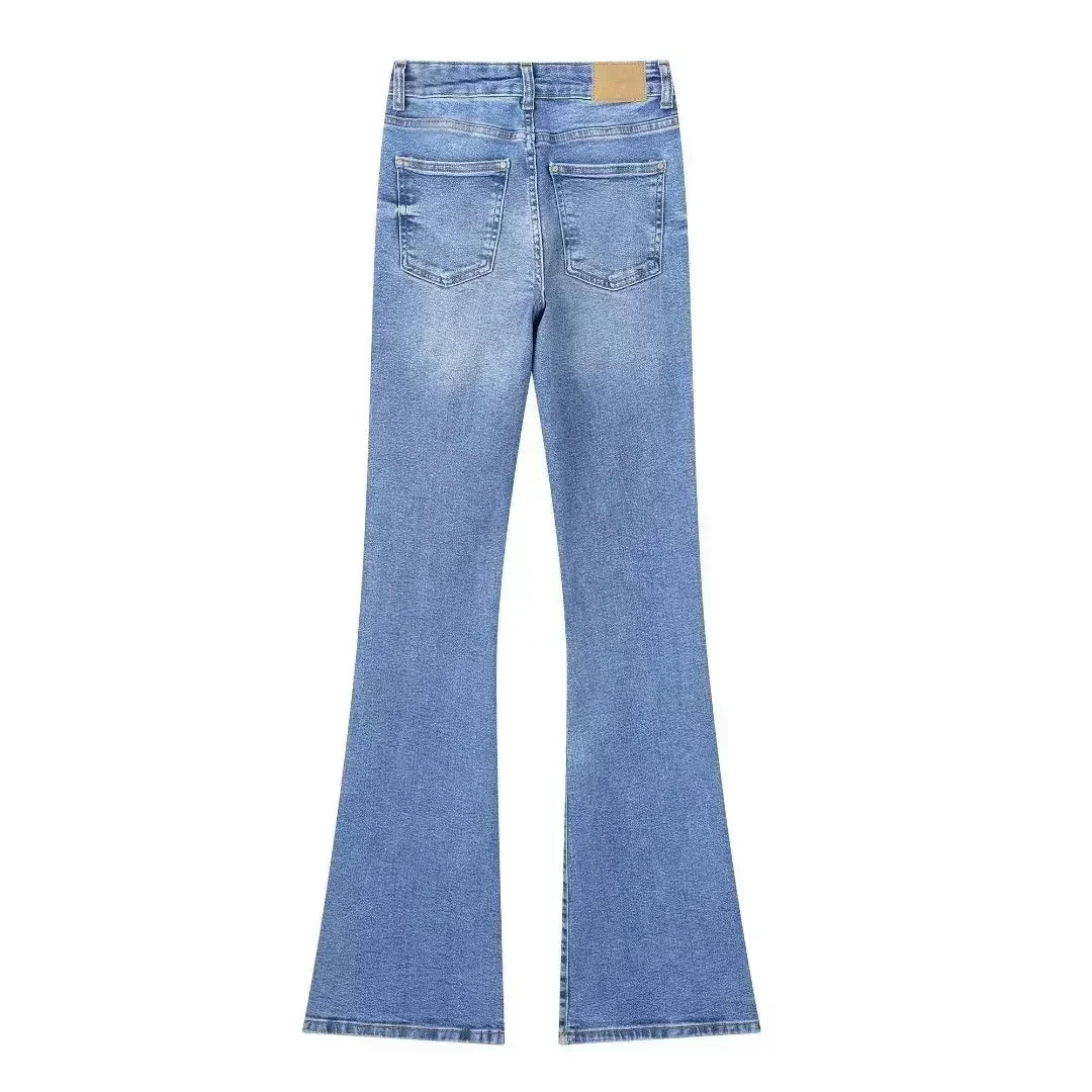 Women New Fashion Contrast striped Tight Casual flared Jeans Vintage High Waist Side Pockets Zipper Female Denim Pants