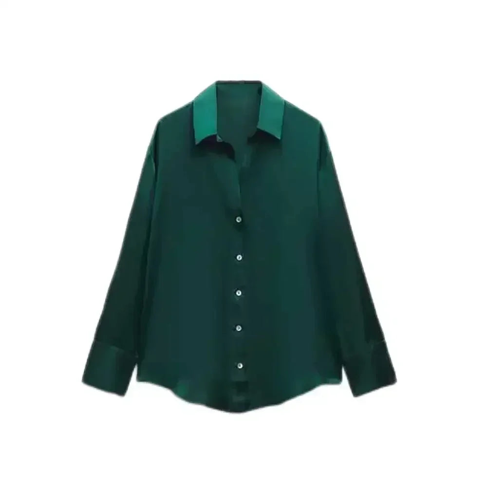 Women 2023 spring New Fashion Multicolor Silk satin texture hang down Blouses Long Sleeve Button-up Female Shirts Tops