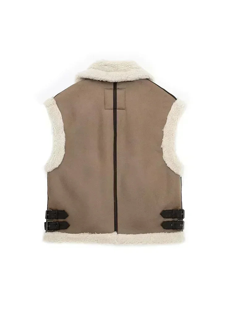 Women 2024 autumn New Fashion Fleece stitching vest Vintage Sleeveless  Pockets Female Waistcoat Chic Tops