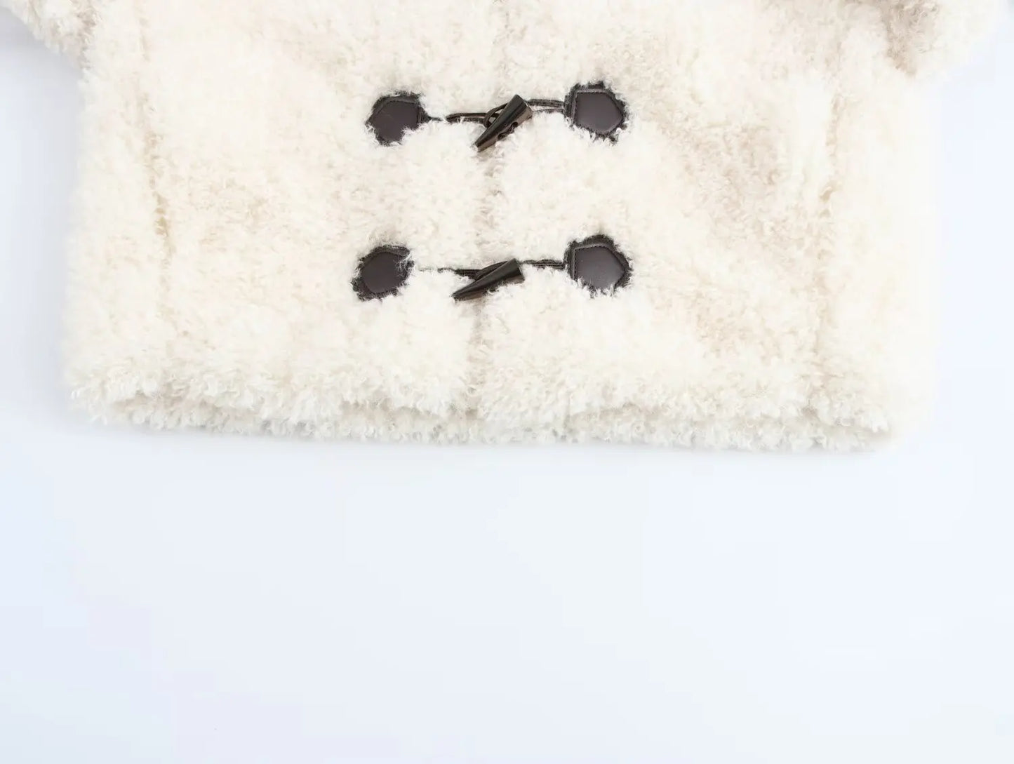 Women's winter fashion Knot button decoration short artificial fur effect hooded coat retro long sleeved women's coat chic top