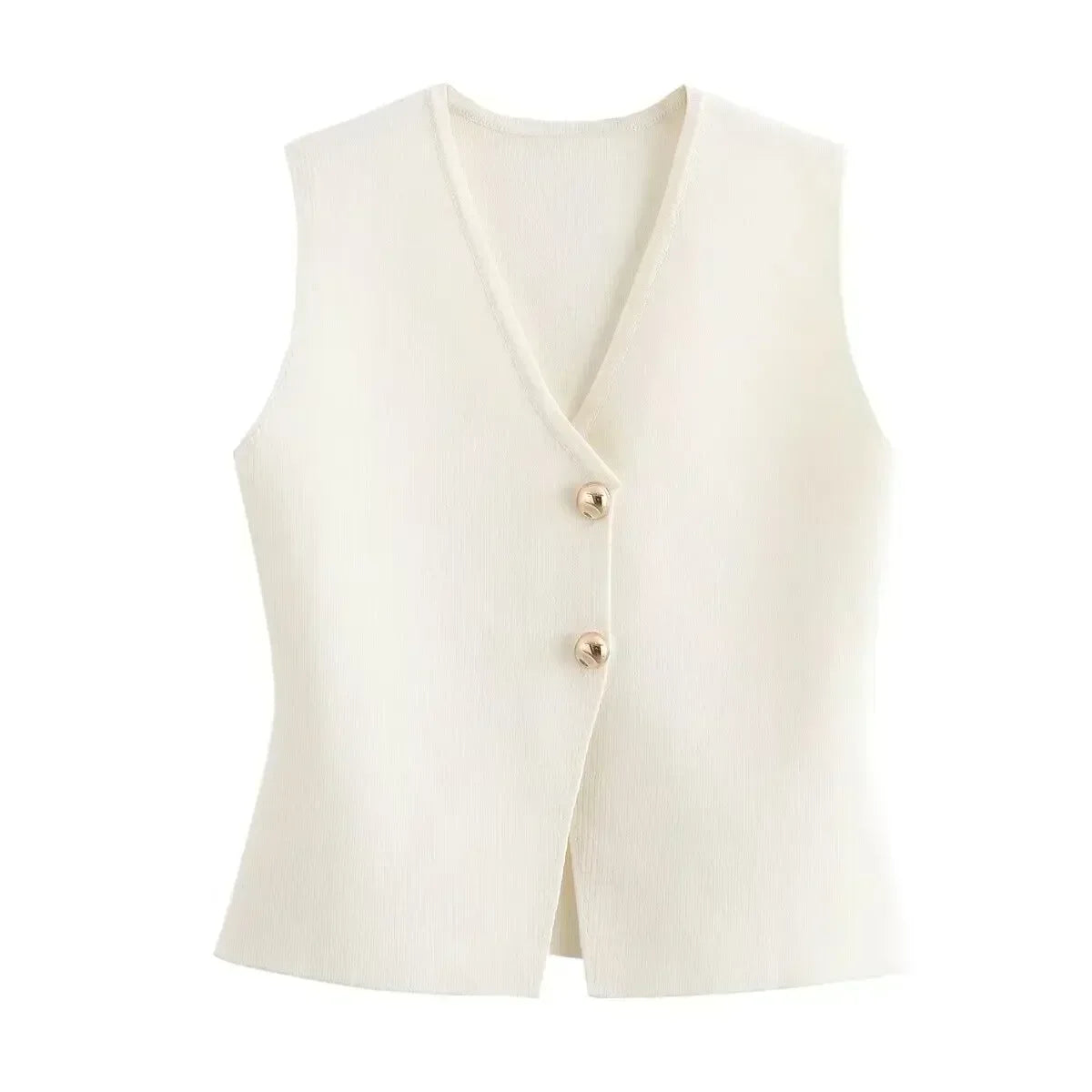 Women's 2024 new fashion gold button decoration slim V Neck vest style knitted top retro sleeveless women's vest chic top