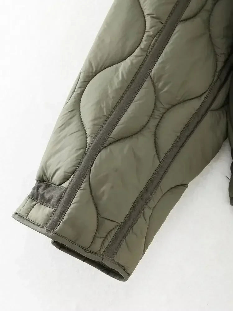 Women's winter fashion drawstring pocket decoration loose stand Neck cotton jacket Coat retro long sleeved women's coat chic top