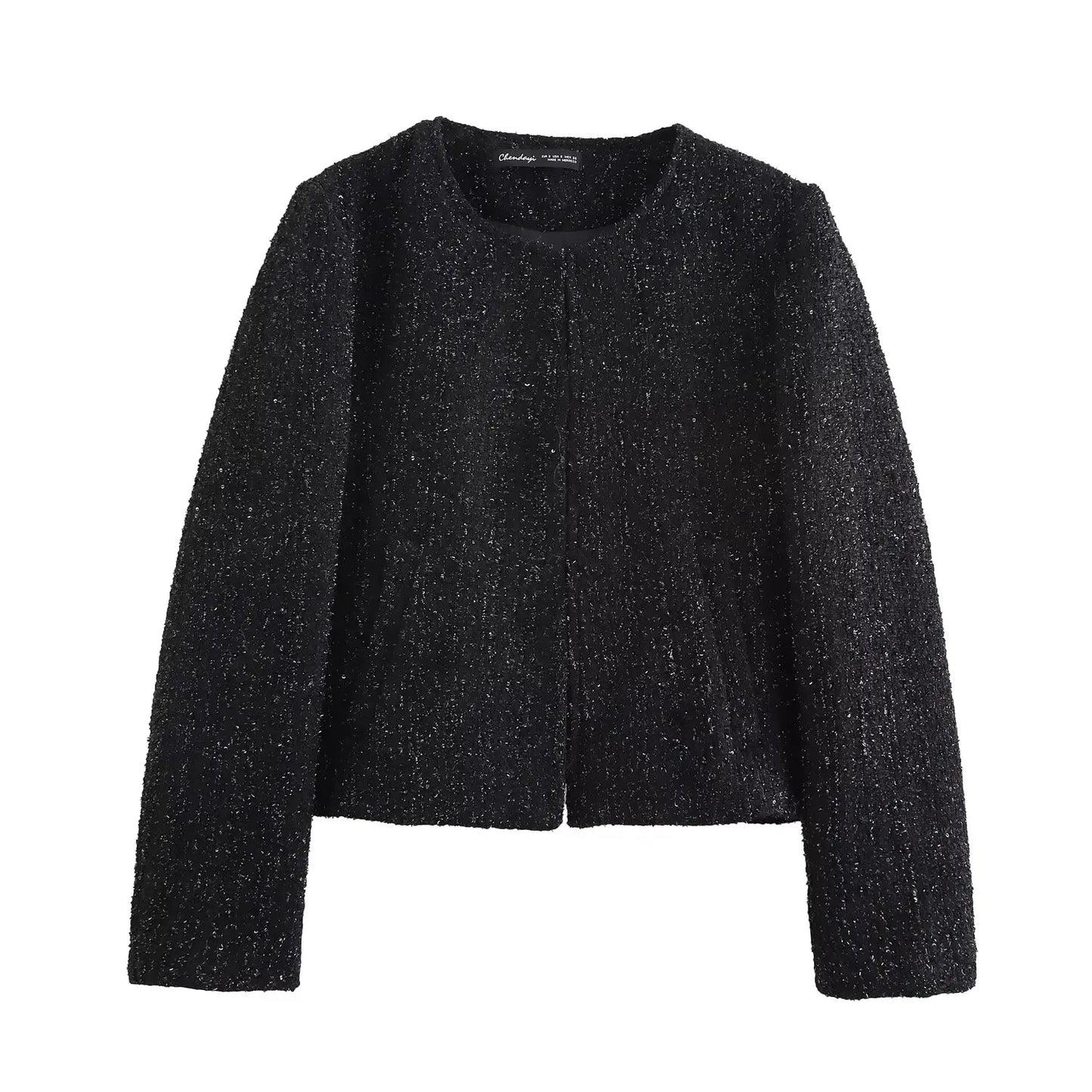Ladies' new fashion bead decoration slim short O-Neck textured suit coat retro long sleeved side pocket women's coat chic top