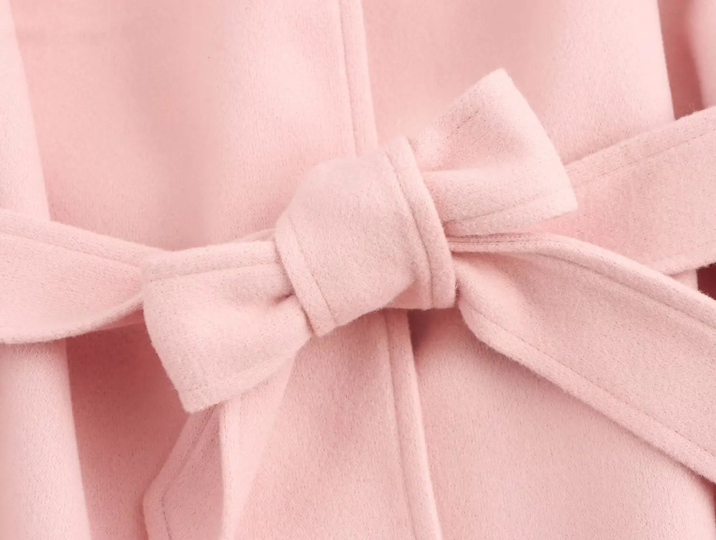 Ladies' new sweet Fashion bow belt decoration loose warm stand Neck woolen coat retro long sleeved pocket women's coat chic top