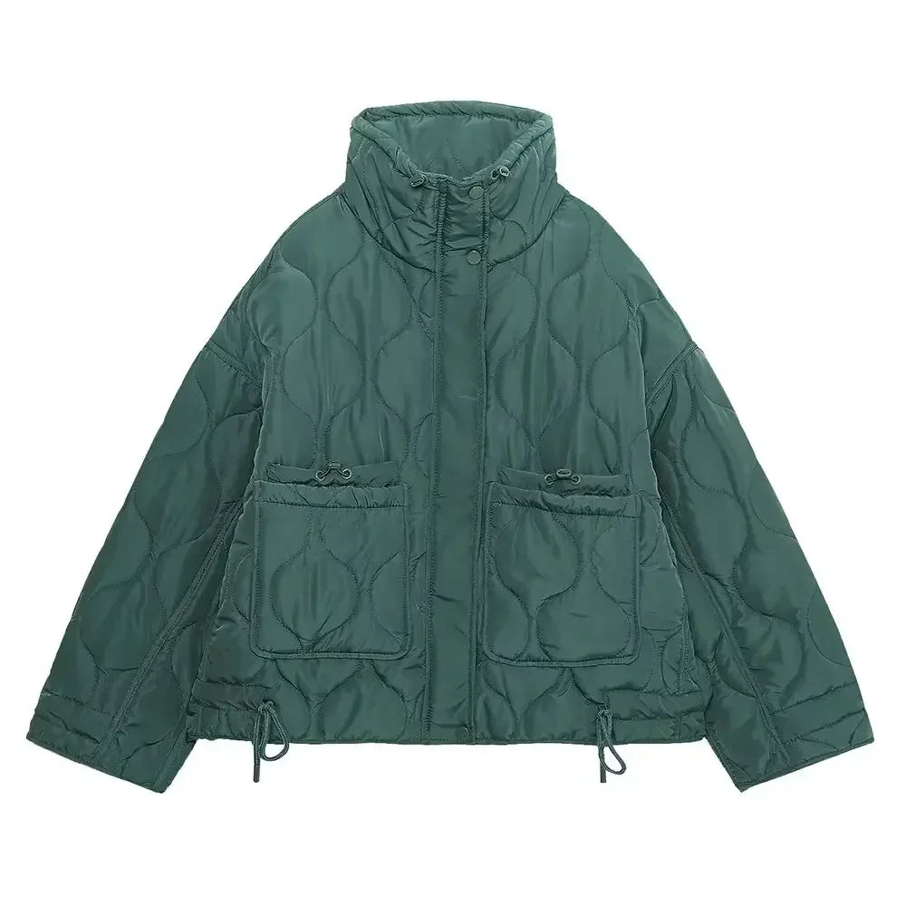 Women's winter fashion drawstring pocket decoration loose stand Neck cotton jacket Coat retro long sleeved women's coat chic top