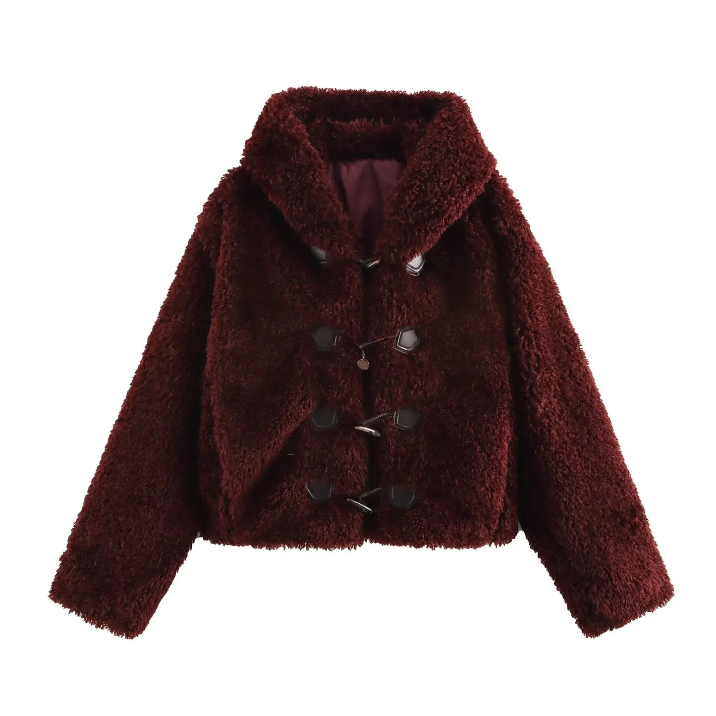 Women's winter fashion Knot button decoration short artificial fur effect hooded coat retro long sleeved women's coat chic top