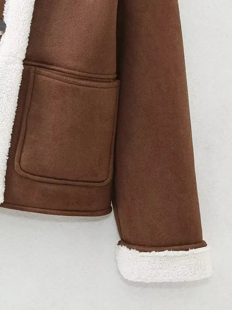 Women's new fashion With pocket warm single breasted double-sided Fur Faux Leather Coat retro long sleeved women's Coat Chic top