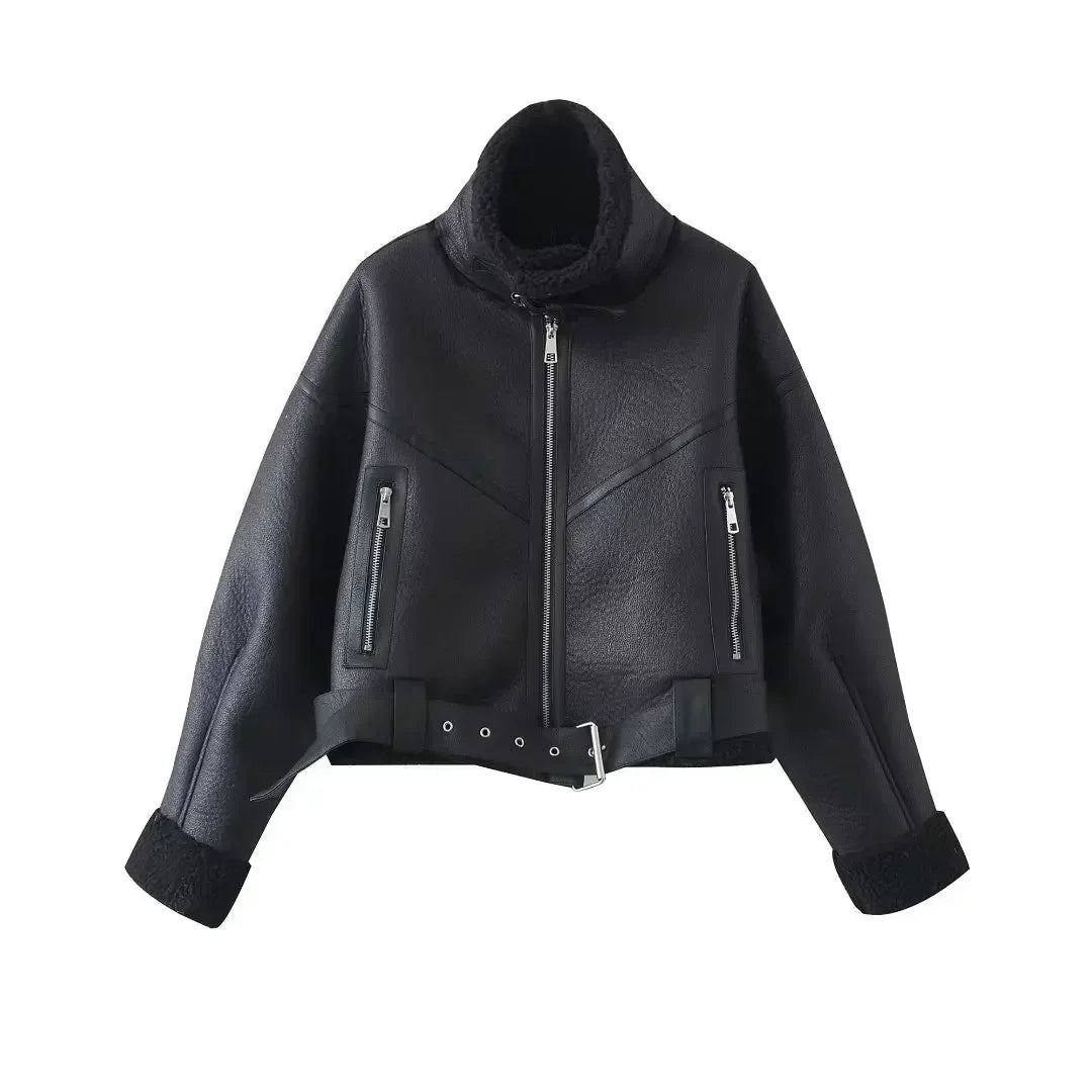 Women New Fashion With belt Cropped Fur Faux Leather Locomotive style Jacket Coat Vintage Long Sleeve Female Outerwear Chic Tops