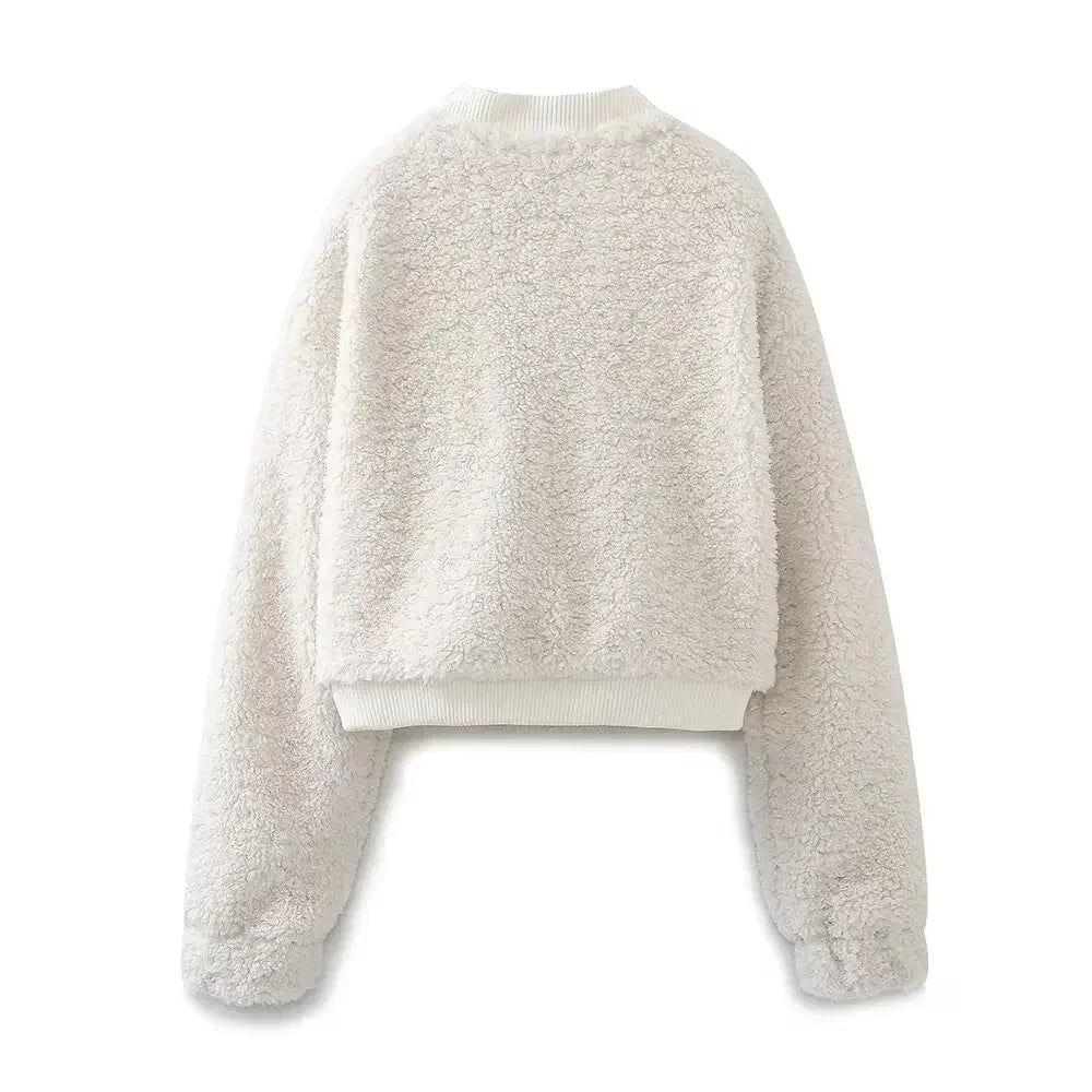 Women's 2024 new fashion faux fur effect short side pocket flying jacket coat retro long sleeved zipper women's coat chic top