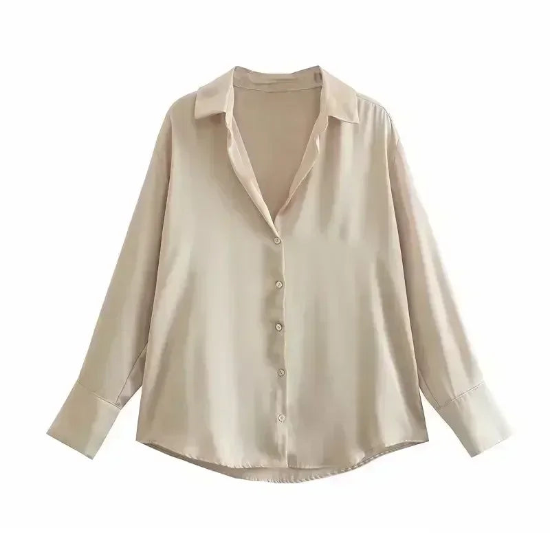 Women 2023 spring New Fashion Multicolor Silk satin texture hang down Blouses Long Sleeve Button-up Female Shirts Tops