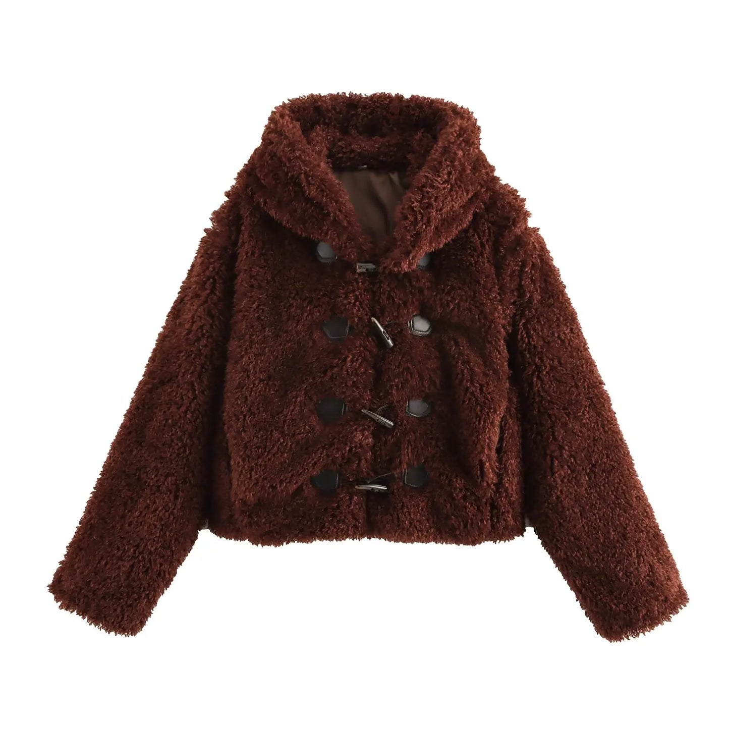 Women's winter fashion Knot button decoration short artificial fur effect hooded coat retro long sleeved women's coat chic top