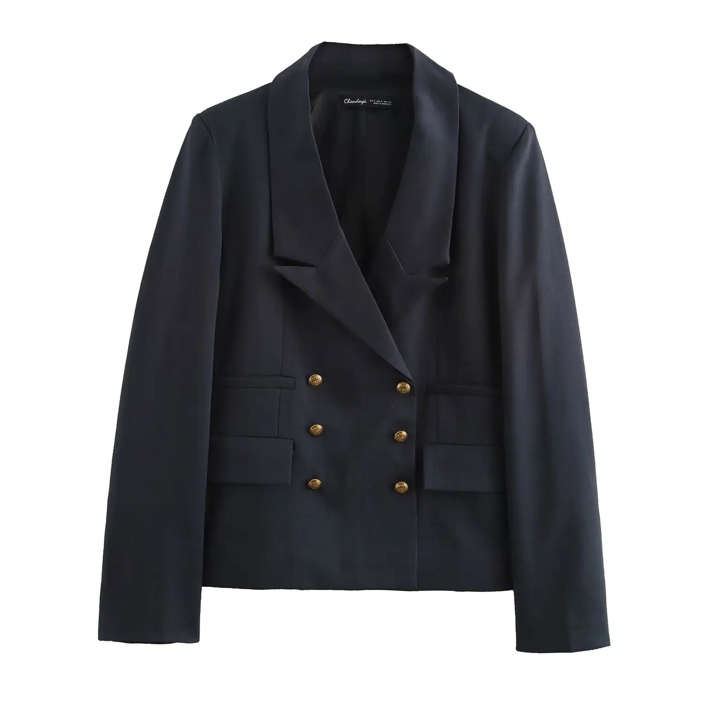 Ladies' new fashion gold double breasted decoration slim casual blend suit jacket retro long sleeved pocket Female Coat chic top