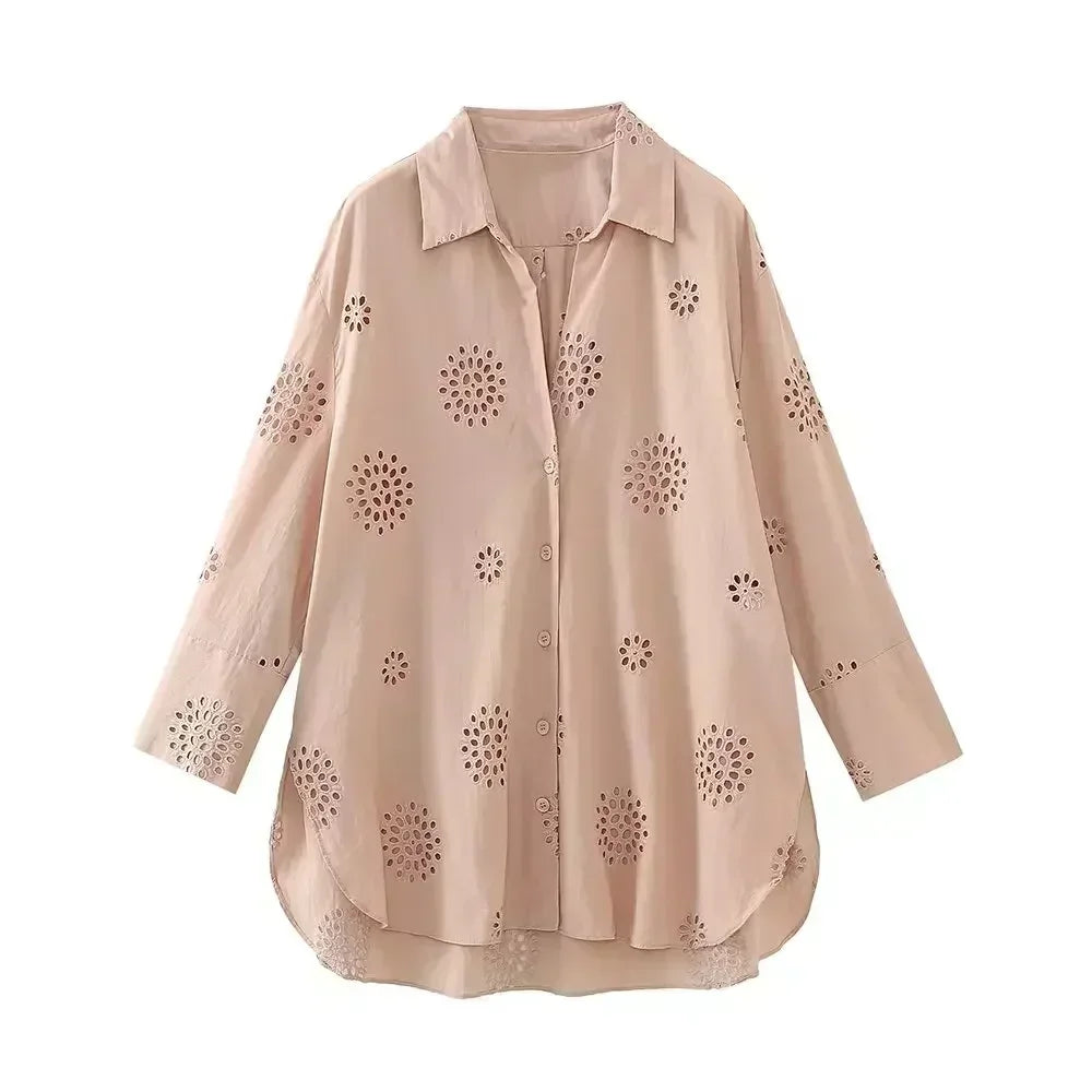 Women's New Fashion Hollow Embroidery Decoration Loose Asymmetric Shirt Retro Long Sleeve Button Women's Shirt Unique Top