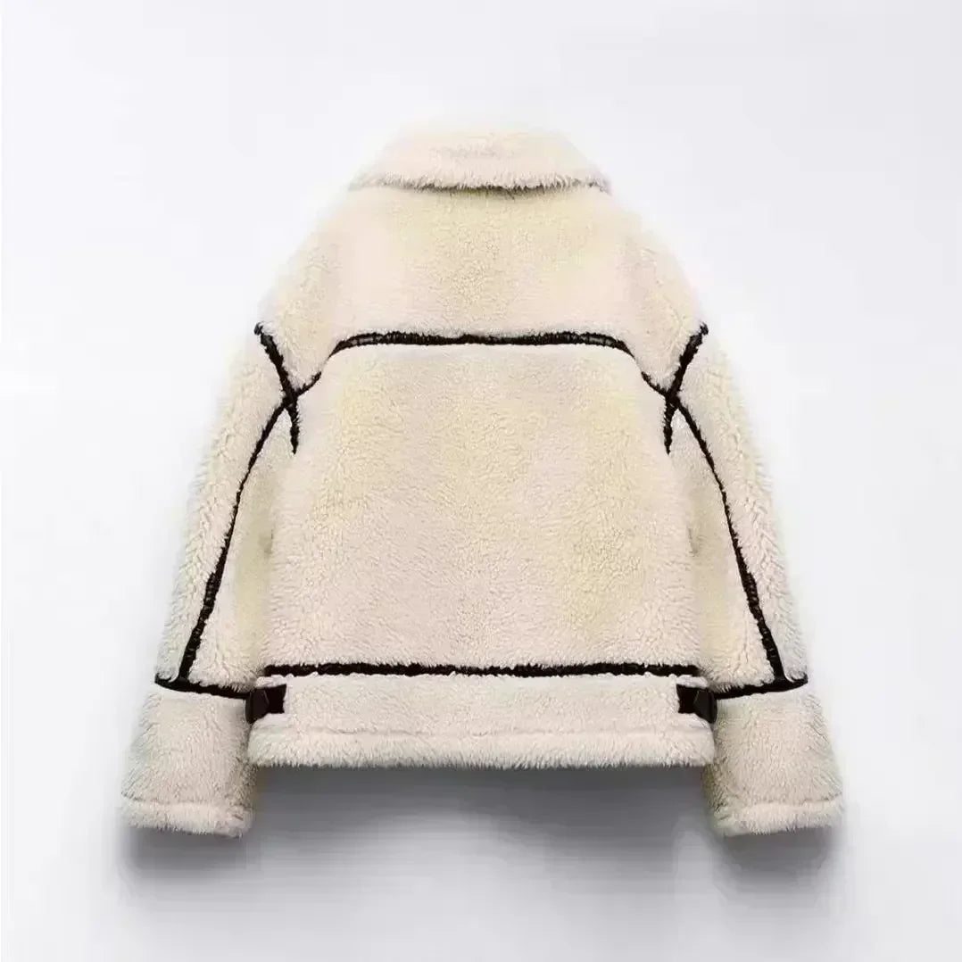 Faux Fur Bike Jackets Women Fake Fur Motorcycle Long Sleeve Collared Double Coat Women Winter Jacket