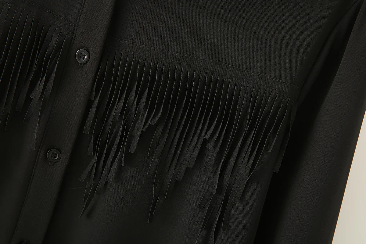 Women's new fashion tassel decoration loose lapel shirt casual single breasted shirt retro long sleeved women's shirt chic top
