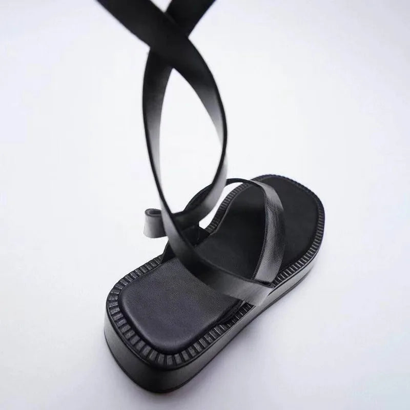New women's shoes black strappy flat sandals summer thong thick sole sandals for women