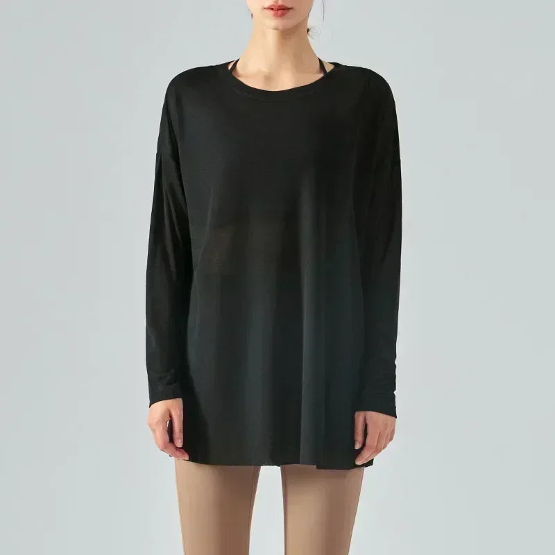 L Women's New One-sided Split Long-sleeved Yoga Blouses Women's Summer Light Sports Tops Loose Running Fitness Clothes