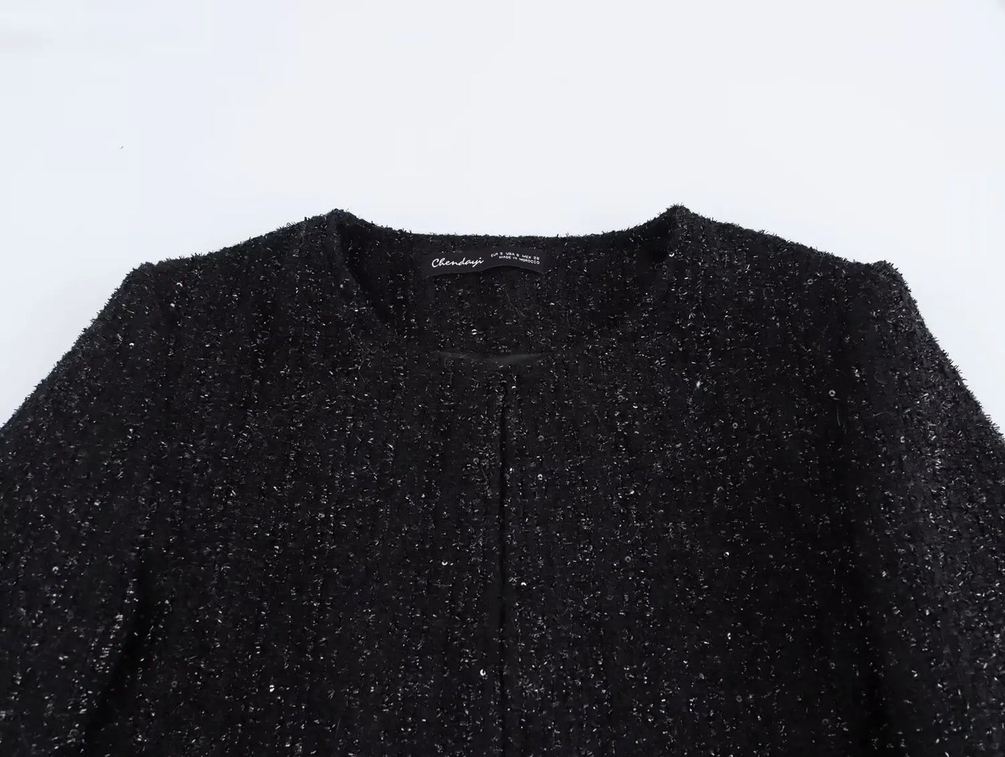 Ladies' new fashion bead decoration slim short O-Neck textured suit coat retro long sleeved side pocket women's coat chic top