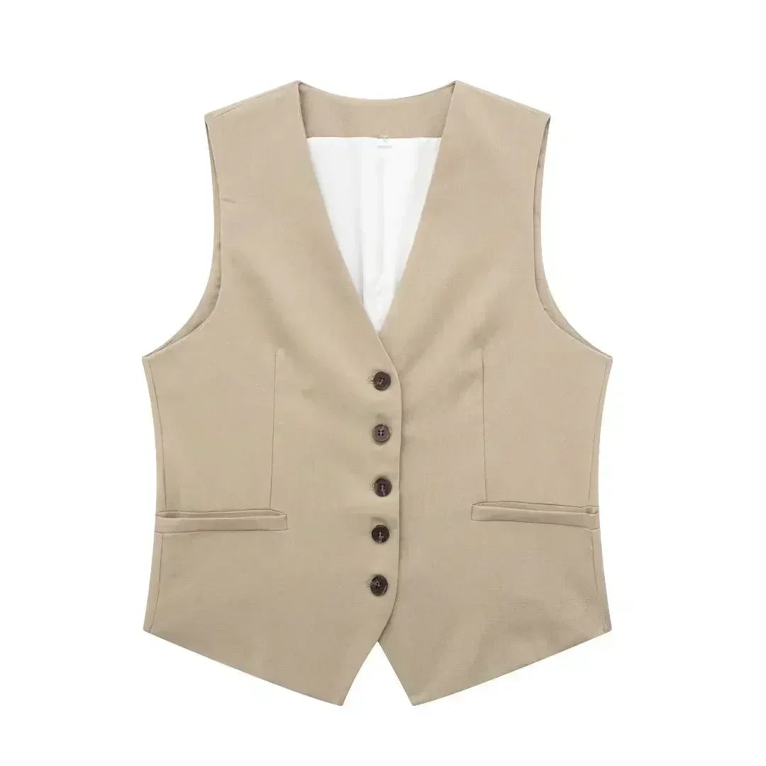 Women 2023 New Fashion Flax blending Tank Tops Vintage sleeveless single-breasted Female Camis Chic Tops