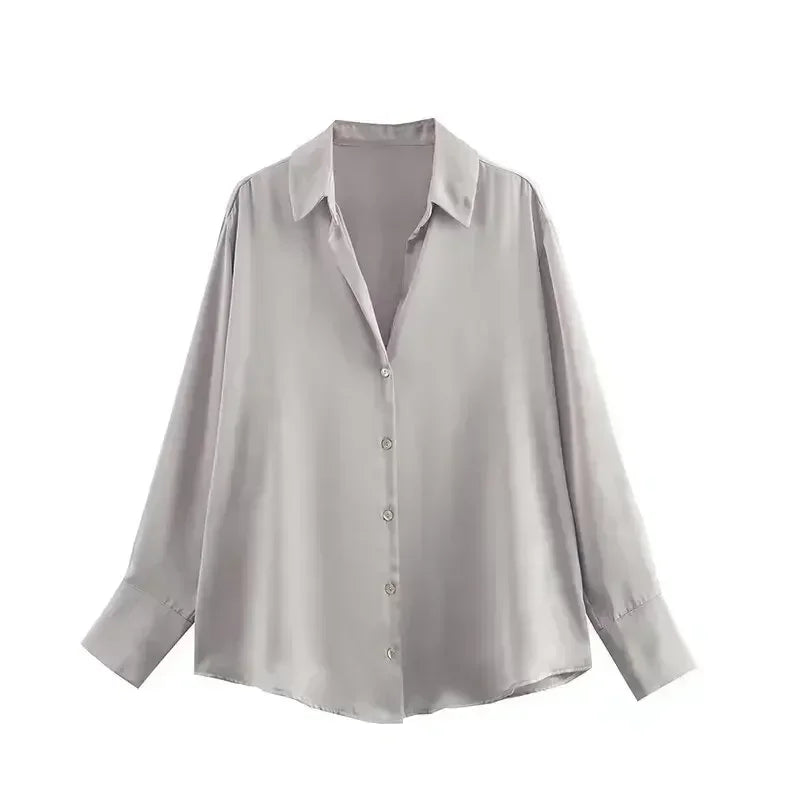 Women 2023 spring New Fashion Multicolor Silk satin texture hang down Blouses Long Sleeve Button-up Female Shirts Tops
