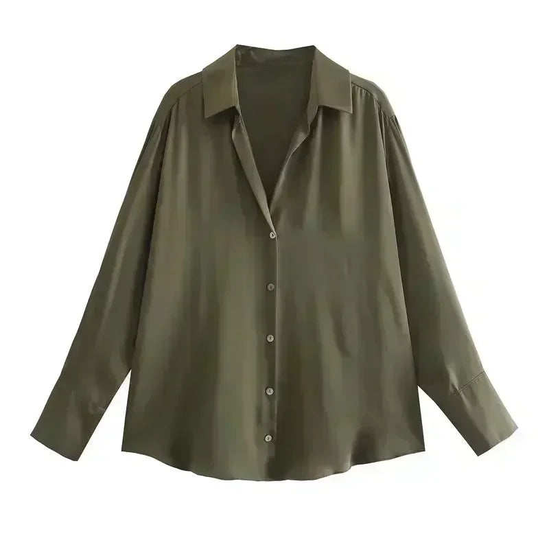 Women 2023 spring New Fashion Multicolor Silk satin texture hang down Blouses Long Sleeve Button-up Female Shirts Tops