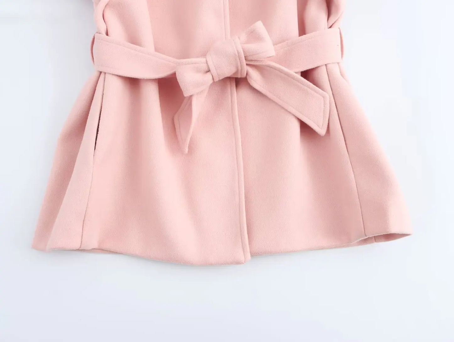 Ladies' new sweet Fashion bow belt decoration loose warm stand Neck woolen coat retro long sleeved pocket women's coat chic top