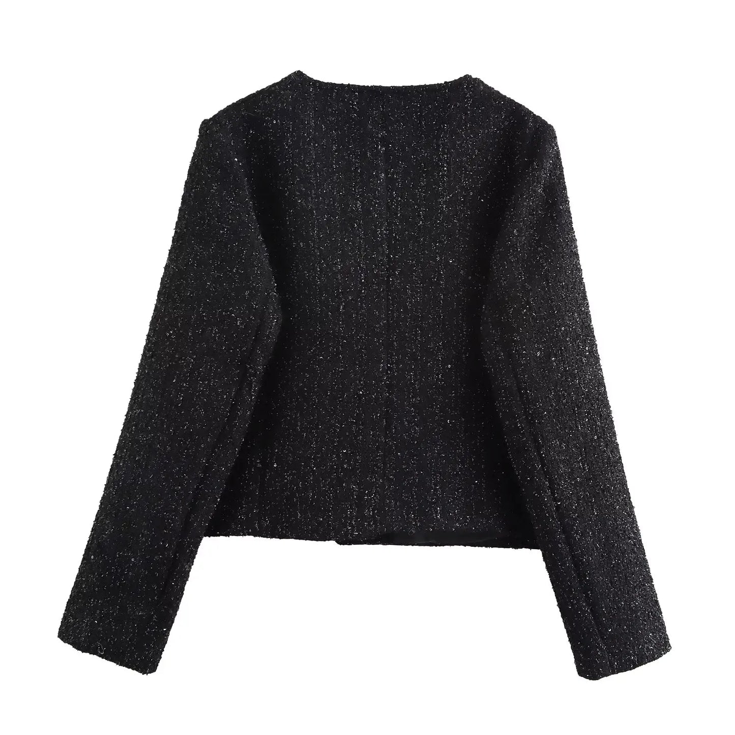 Ladies' new fashion bead decoration slim short O-Neck textured suit coat retro long sleeved side pocket women's coat chic top