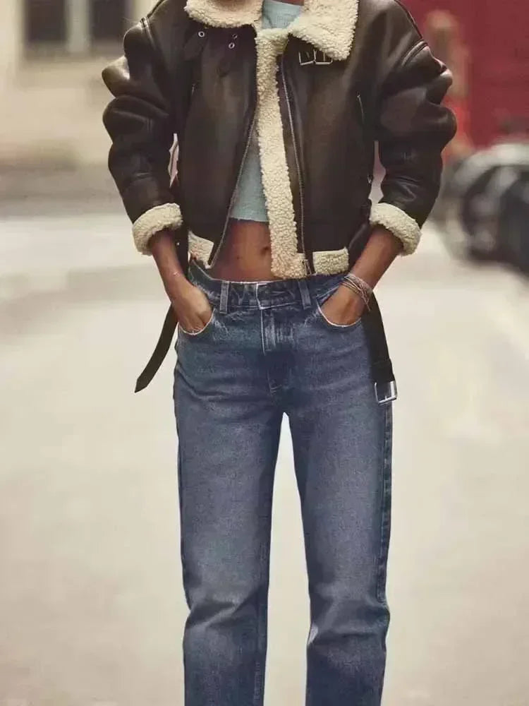 Women's new fashion Loose casual hort double-sided Fur Faux Leather jacket coat retro long sleeved zipper women's coat
