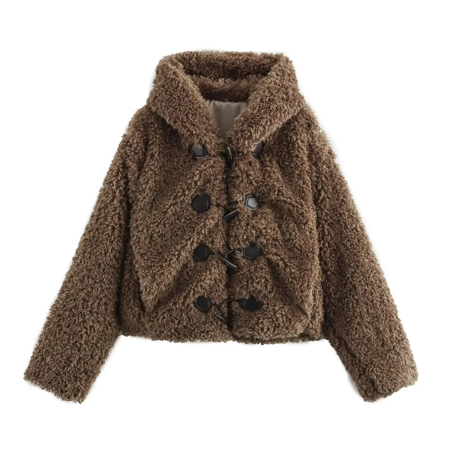 Women's winter fashion Knot button decoration short artificial fur effect hooded coat retro long sleeved women's coat chic top