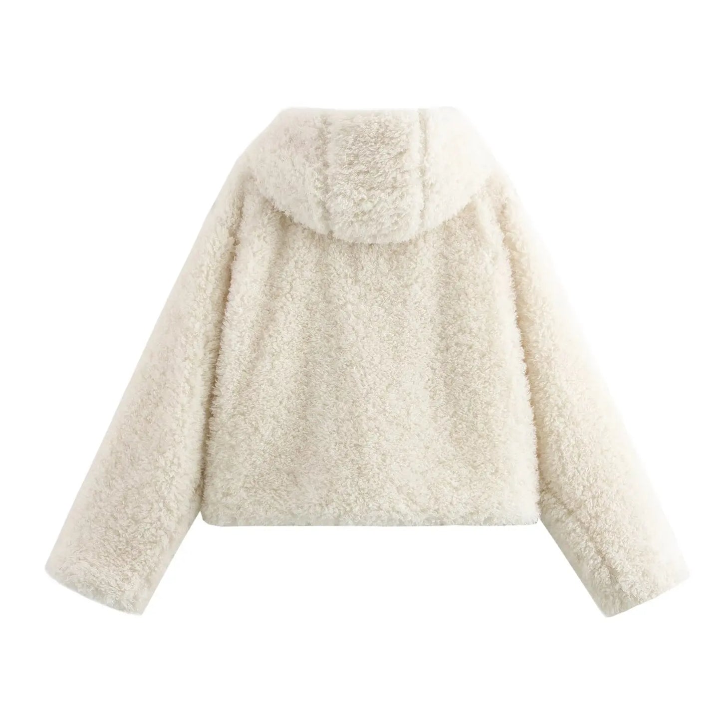 Women's winter fashion Knot button decoration short artificial fur effect hooded coat retro long sleeved women's coat chic top