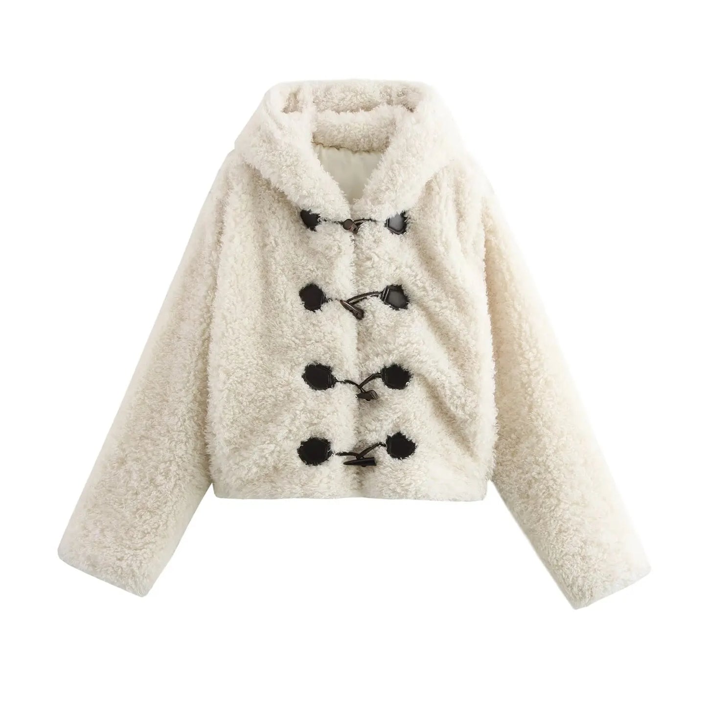 Women's winter fashion Knot button decoration short artificial fur effect hooded coat retro long sleeved women's coat chic top