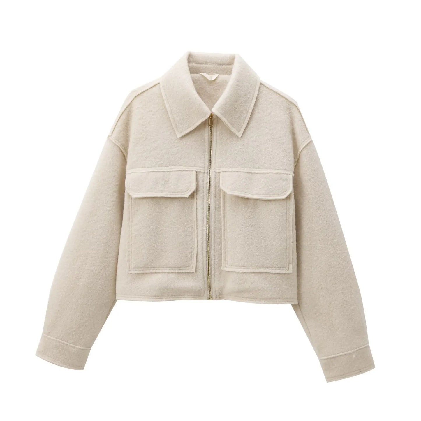 Women's new Fashion flip large pocket decoration casual warm woolen jacket Coat retro long sleeved zipper women's Coat chic top