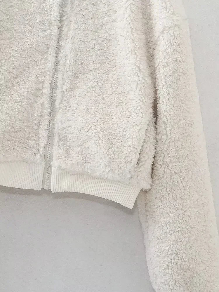 Women's 2024 new fashion faux fur effect short side pocket flying jacket coat retro long sleeved zipper women's coat chic top