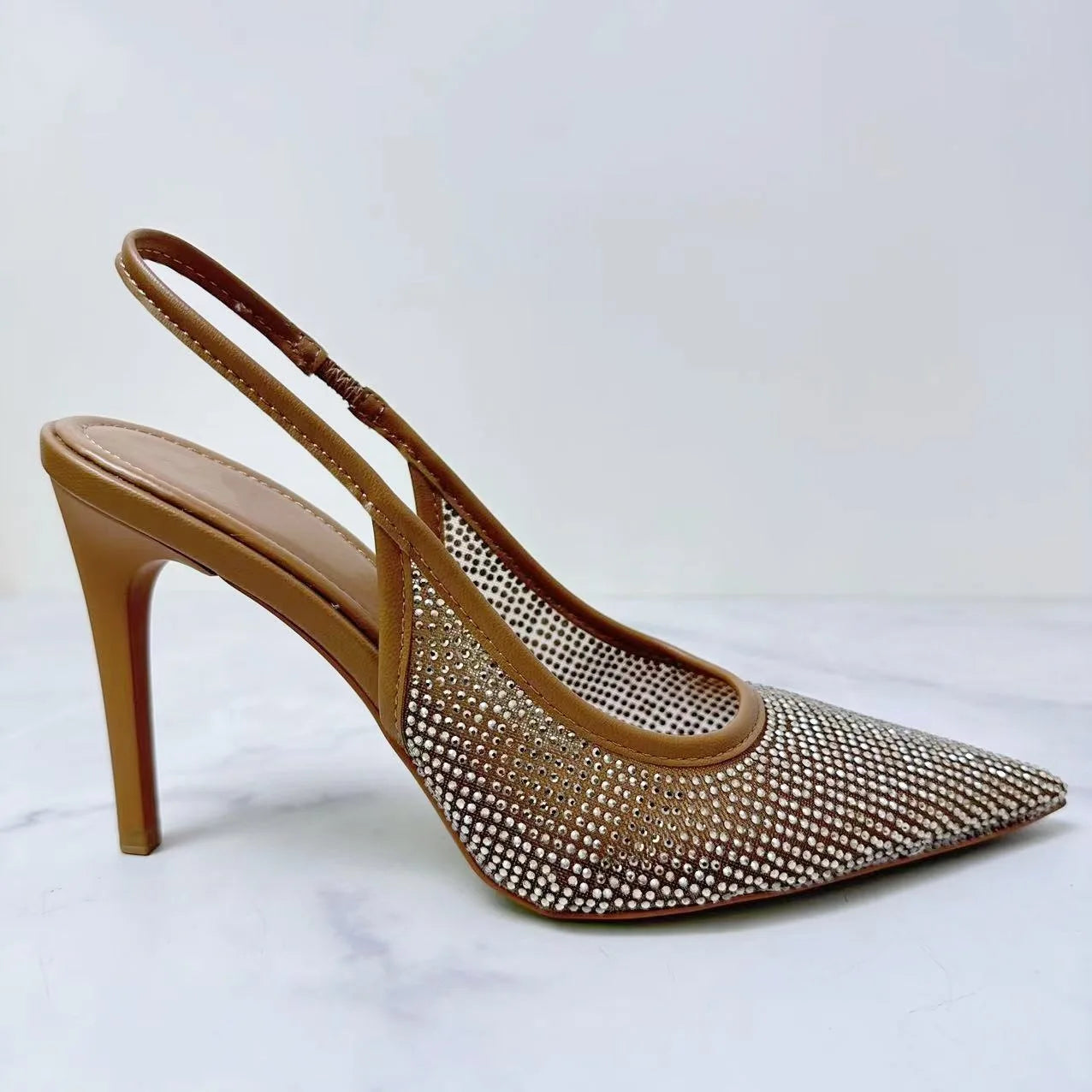 New 2024 Women's Fashion Women's Shoes Brown Fashion Bright Diamond Mesh With Pointed High-heeled Sandals Women.