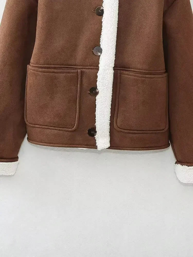 Women's new fashion With pocket warm single breasted double-sided Fur Faux Leather Coat retro long sleeved women's Coat Chic top