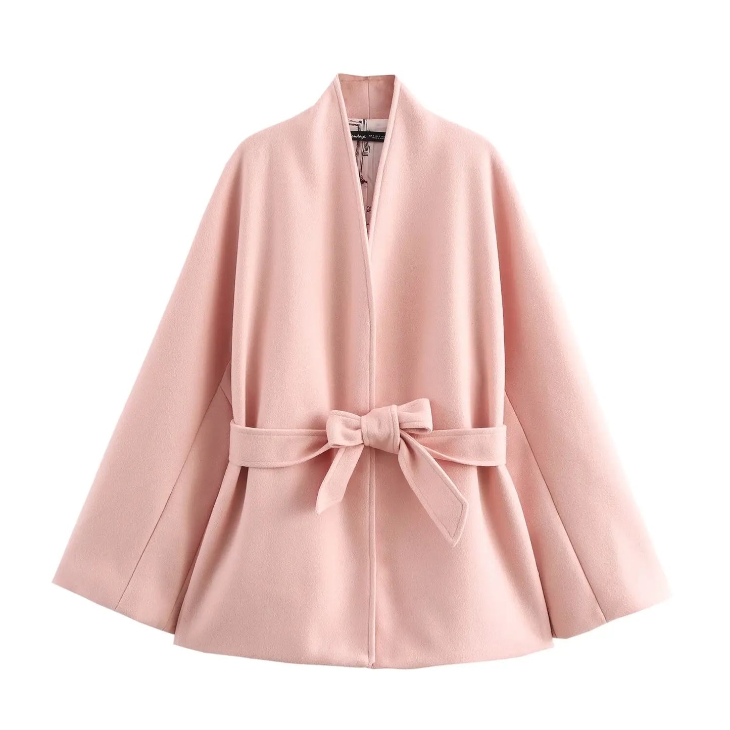 Ladies' new sweet Fashion bow belt decoration loose warm stand Neck woolen coat retro long sleeved pocket women's coat chic top