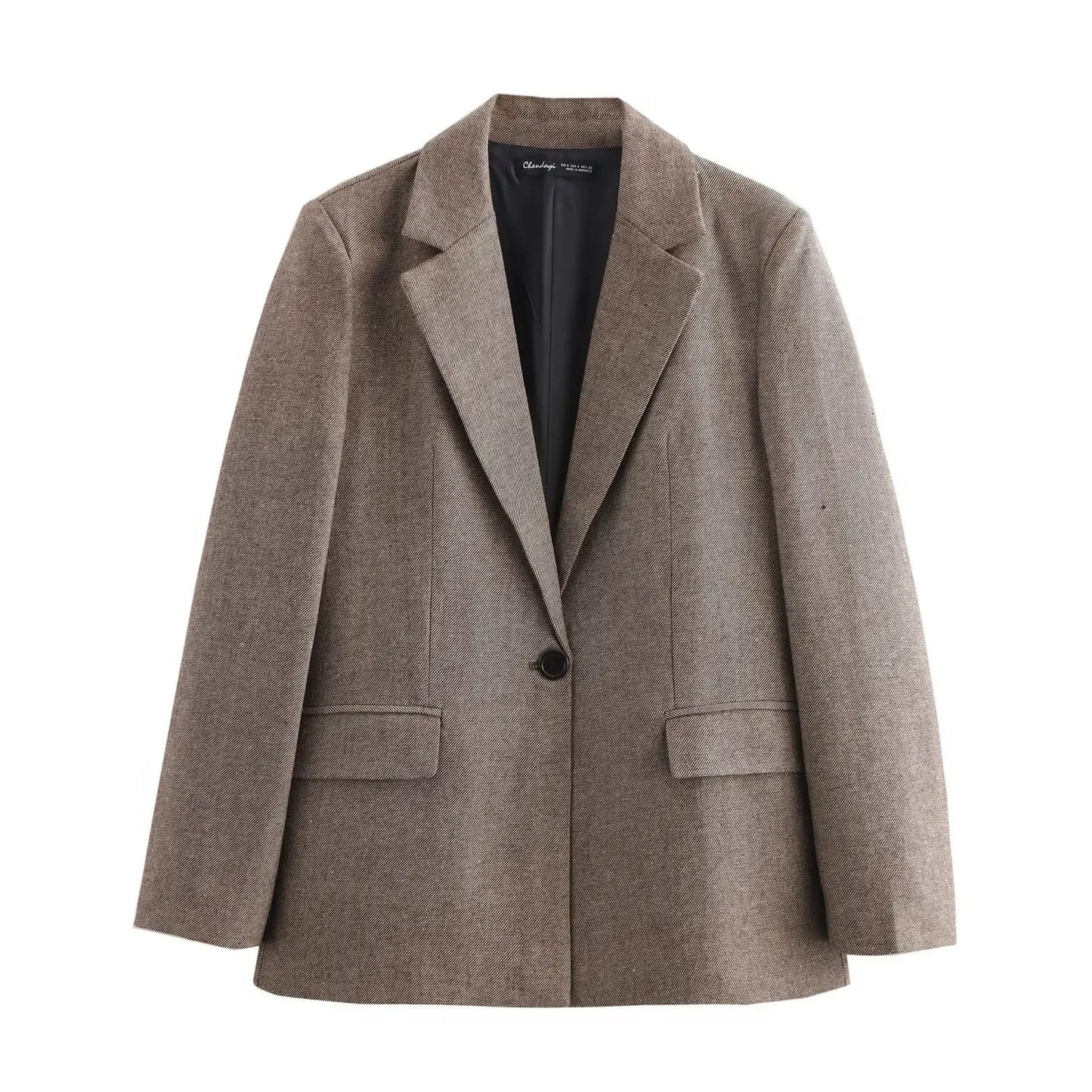 Ladies' new fashion flip pocket decoration loose single button casual diagonal suit coat retro long sleeved Female coat chic top