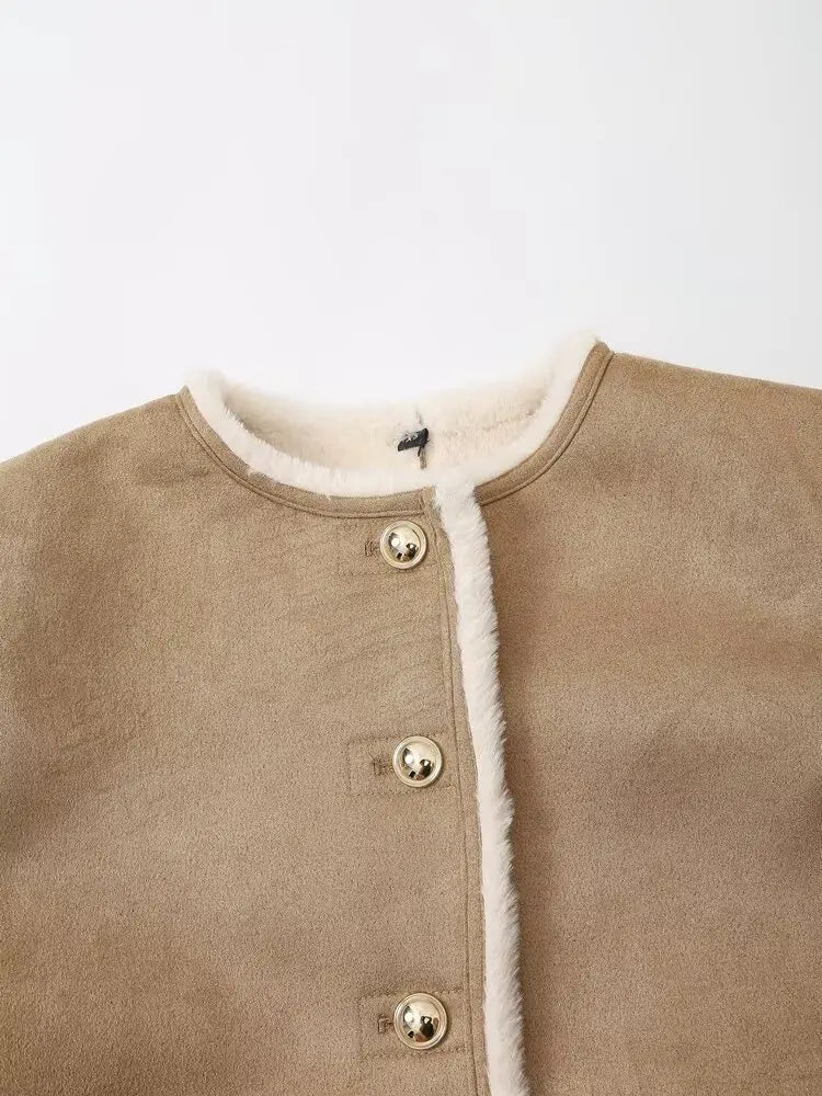 Women's new Fashion gold button decoration short double-sided Fur Faux Leather jacket retro long sleeved women's Coat chic top