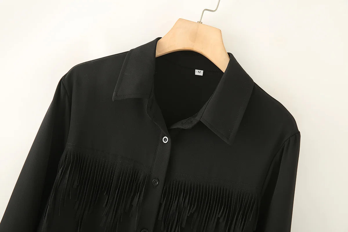 Women's new fashion tassel decoration loose lapel shirt casual single breasted shirt retro long sleeved women's shirt chic top