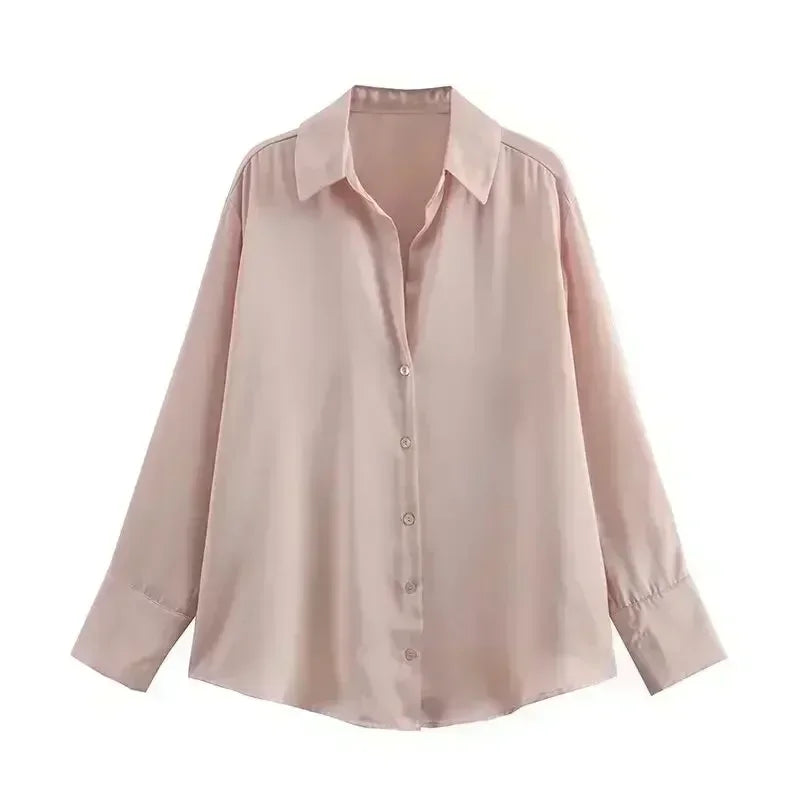 Women 2023 spring New Fashion Multicolor Silk satin texture hang down Blouses Long Sleeve Button-up Female Shirts Tops