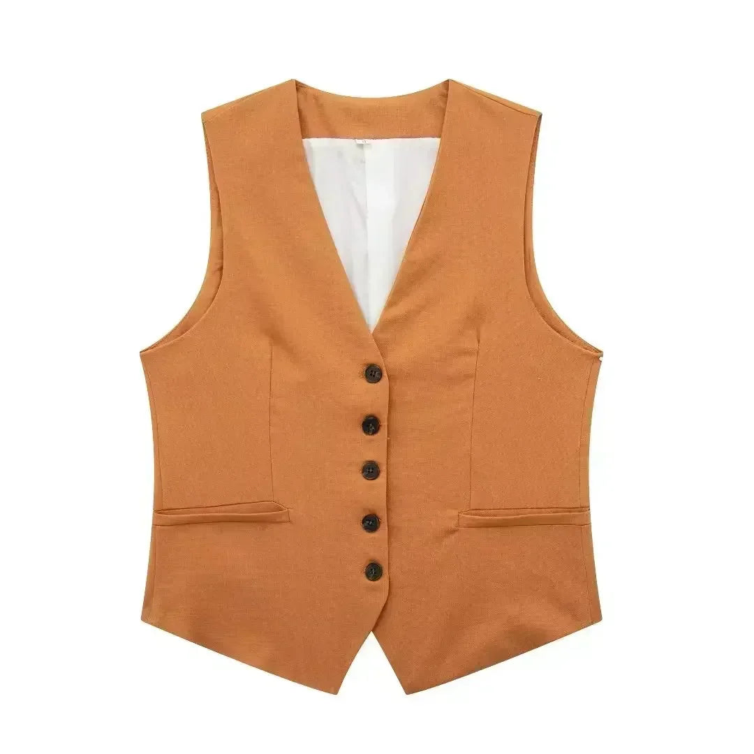 Women 2023 New Fashion Flax blending Tank Tops Vintage sleeveless single-breasted Female Camis Chic Tops