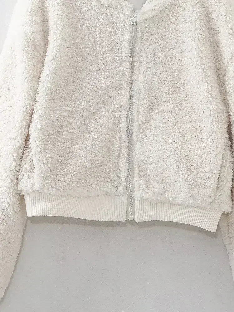 Women's 2024 new fashion faux fur effect short side pocket flying jacket coat retro long sleeved zipper women's coat chic top