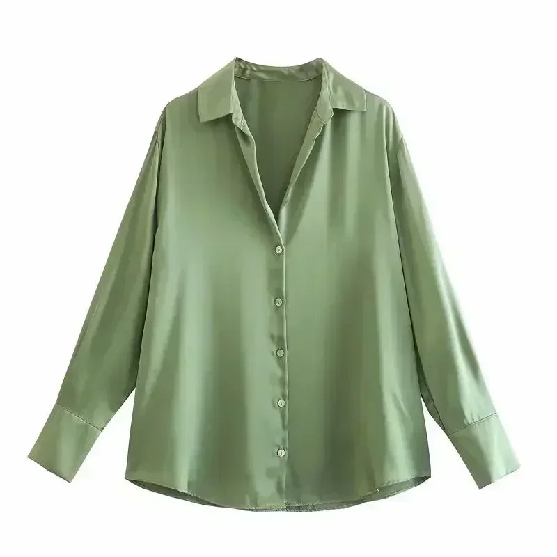 Women 2023 spring New Fashion Multicolor Silk satin texture hang down Blouses Long Sleeve Button-up Female Shirts Tops