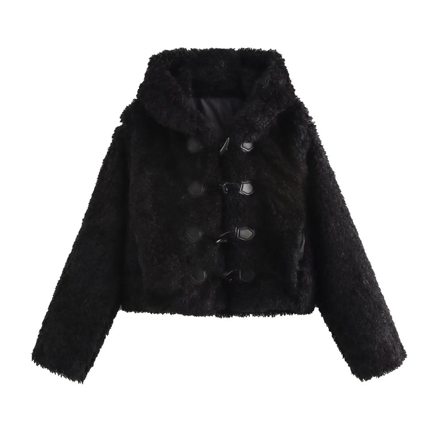 Women's winter fashion Knot button decoration short artificial fur effect hooded coat retro long sleeved women's coat chic top