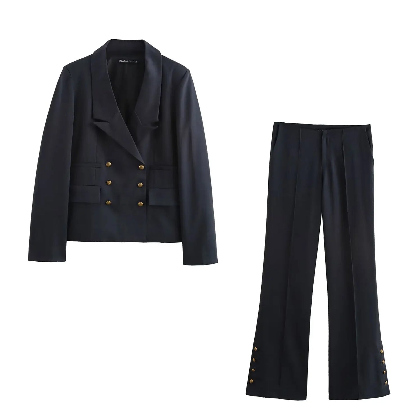 Ladies' new fashion gold double breasted decoration slim casual blend suit jacket retro long sleeved pocket Female Coat chic top