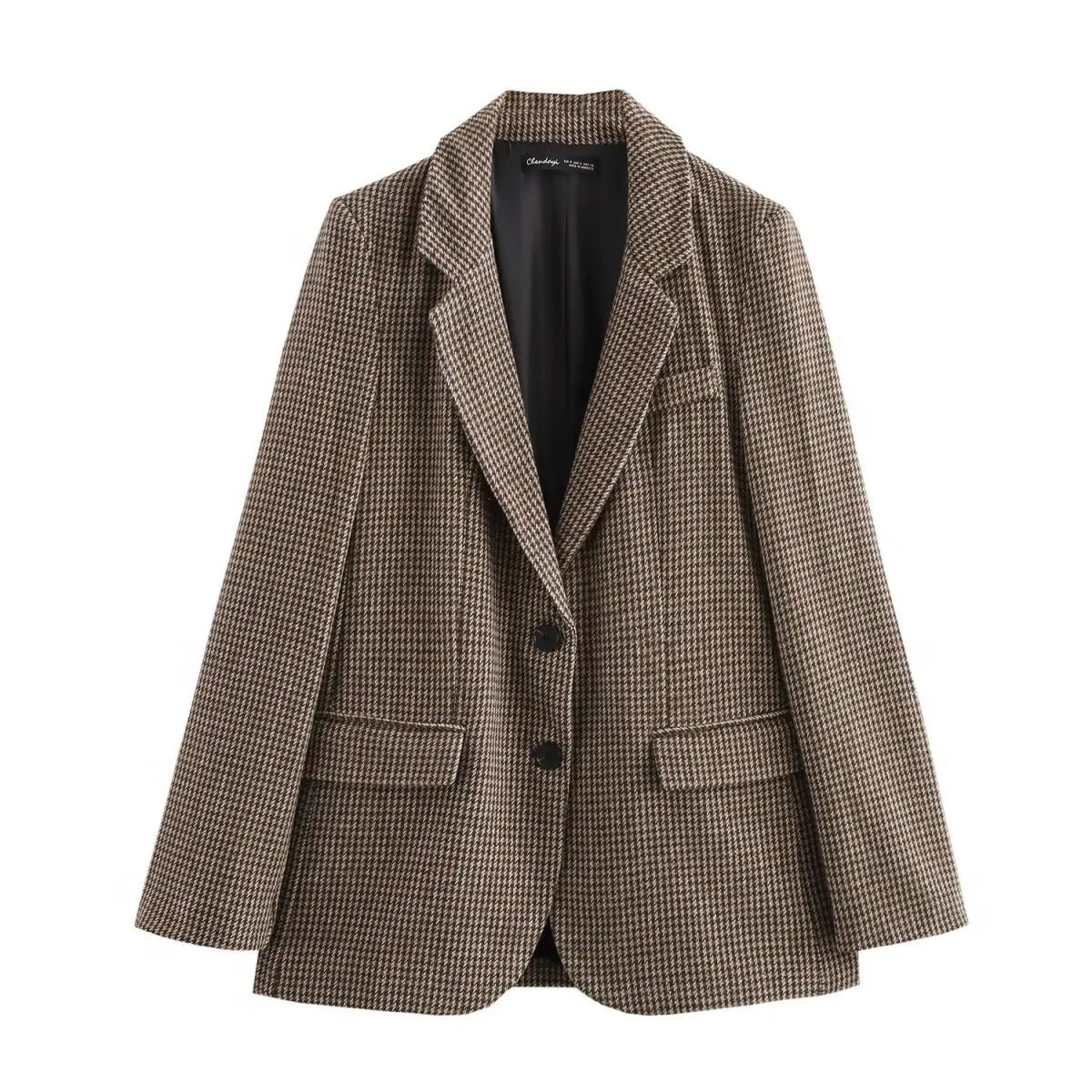 Ladies' new fashion flip pocket decoration loose single breasted casual plaid suit coat retro long sleeved women's coat chic top