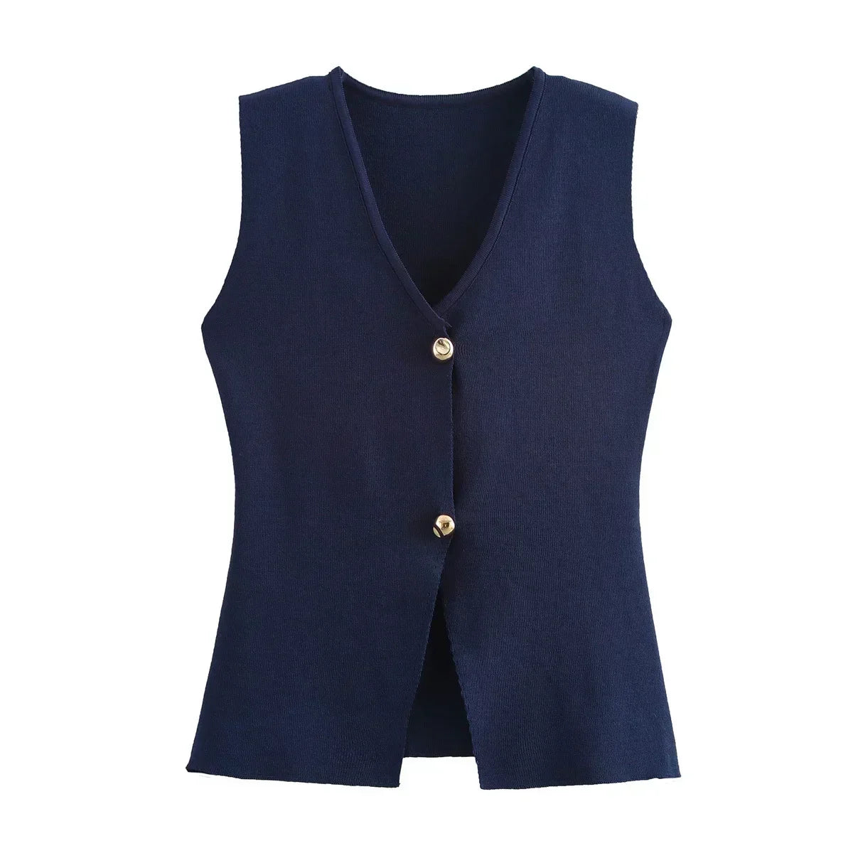 Women's 2024 new fashion gold button decoration slim V Neck vest style knitted top retro sleeveless women's vest chic top