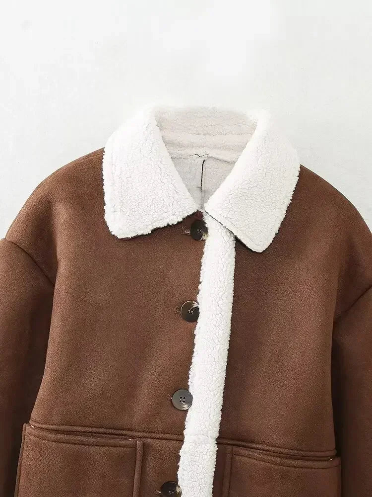 Women's new fashion With pocket warm single breasted double-sided Fur Faux Leather Coat retro long sleeved women's Coat Chic top