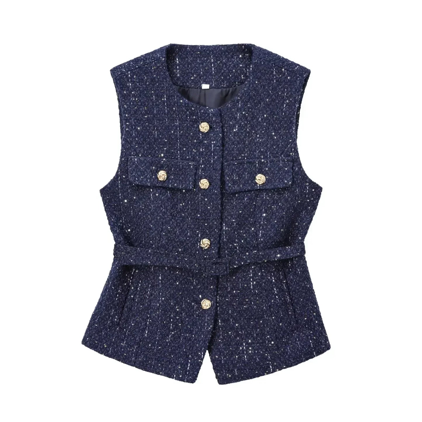 Women's new fashion with belt bead decoration casual single breasted texture vest retro O Neck sleeveless women's vest chic top