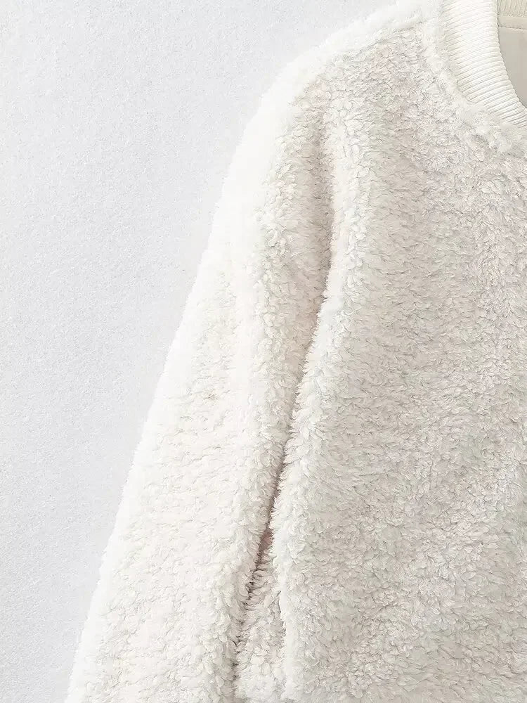 Women's 2024 new fashion faux fur effect short side pocket flying jacket coat retro long sleeved zipper women's coat chic top